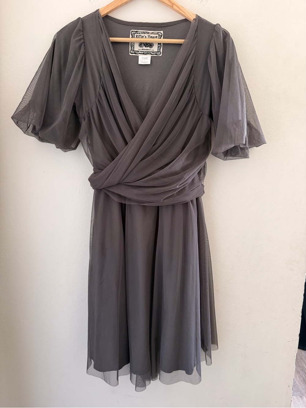 Effie’s Heart Grey Mesh Tulle Faux Wrap Dress Short Flutter Sleeve Tie Waist L